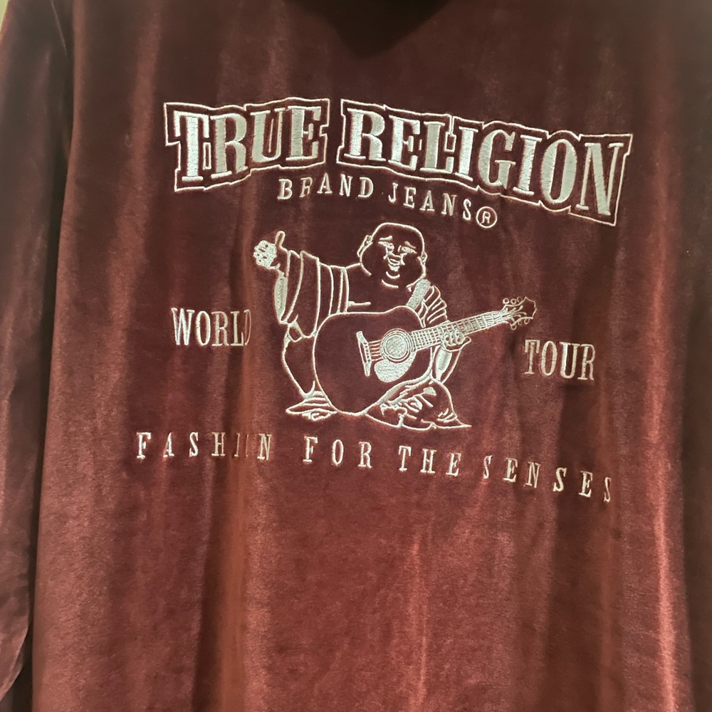 True Religion Burgundy Graphic Velour Hoodie Size S